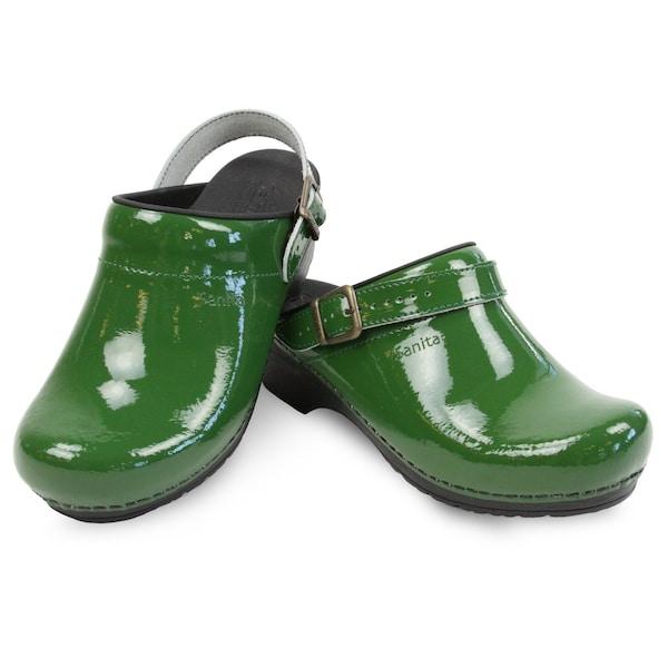 Women's Open Back Clog, Patent Leather Upper, Polyurethane Outsole, Green, Size 3.5-5 M